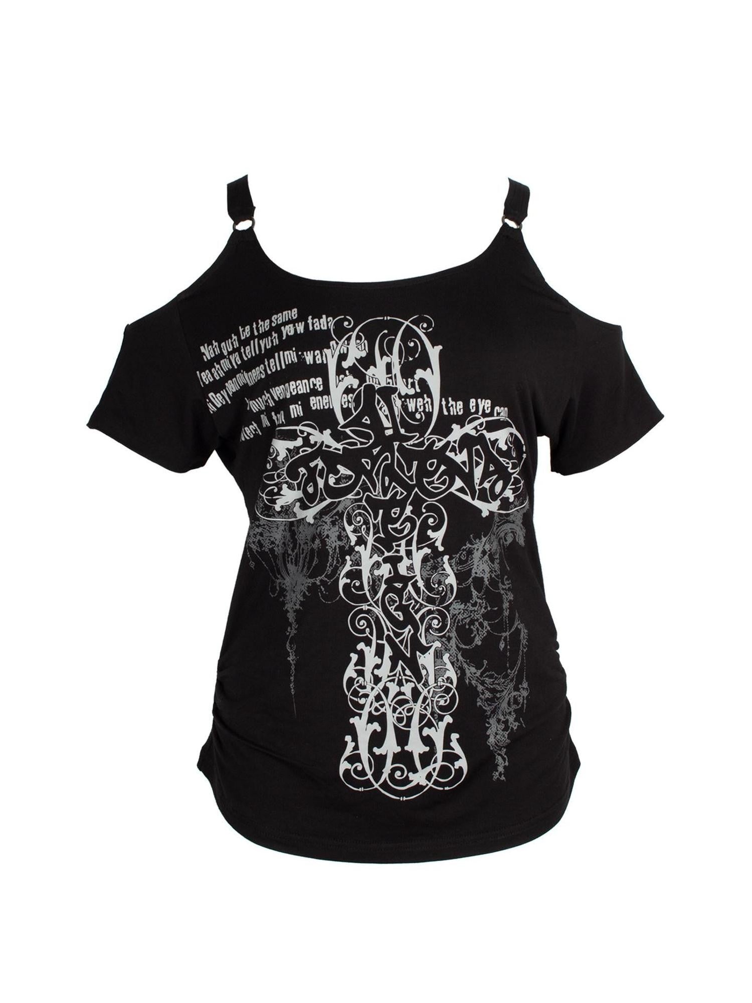 4RE1GN Cross Graffiti Off Shoulder Ruched Women's Viscose Short Sleeve T-shirts