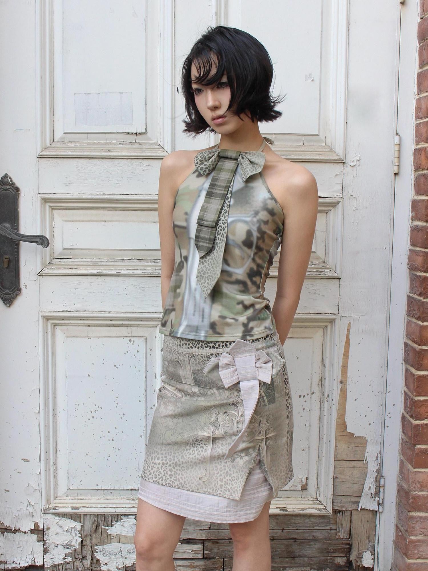 4RE1GN Cross Leopard Print Bow Double Layer A Line Women's Polyester Nylon Midi Skirts