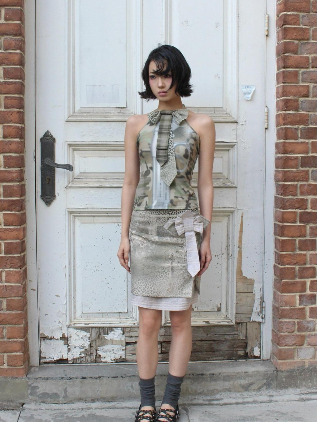 4RE1GN Cross Leopard Print Bow Double Layer A Line Women's Polyester Nylon Midi Skirts