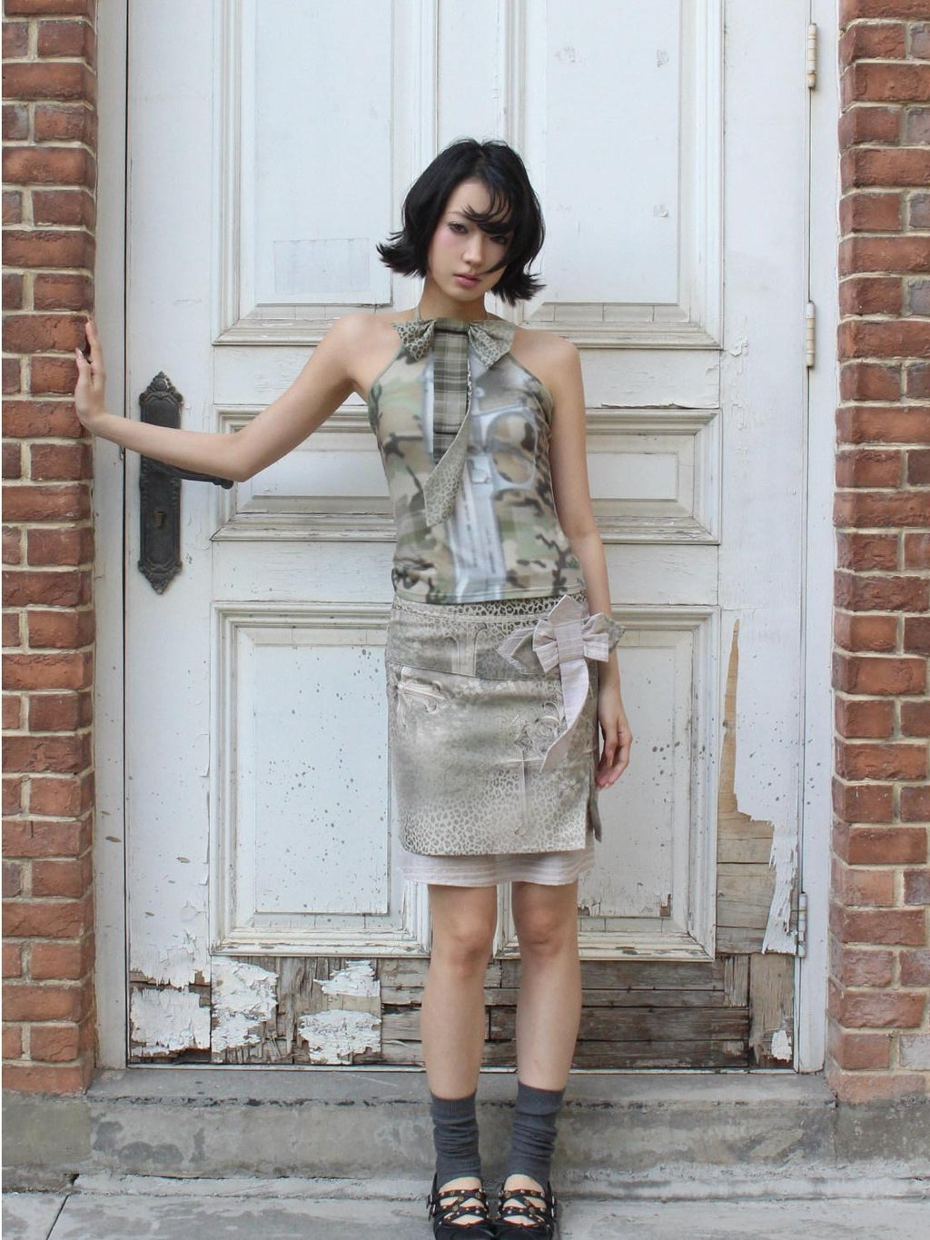 4RE1GN Cross Leopard Print Bow Double Layer A Line Women's Polyester Nylon Midi Skirts