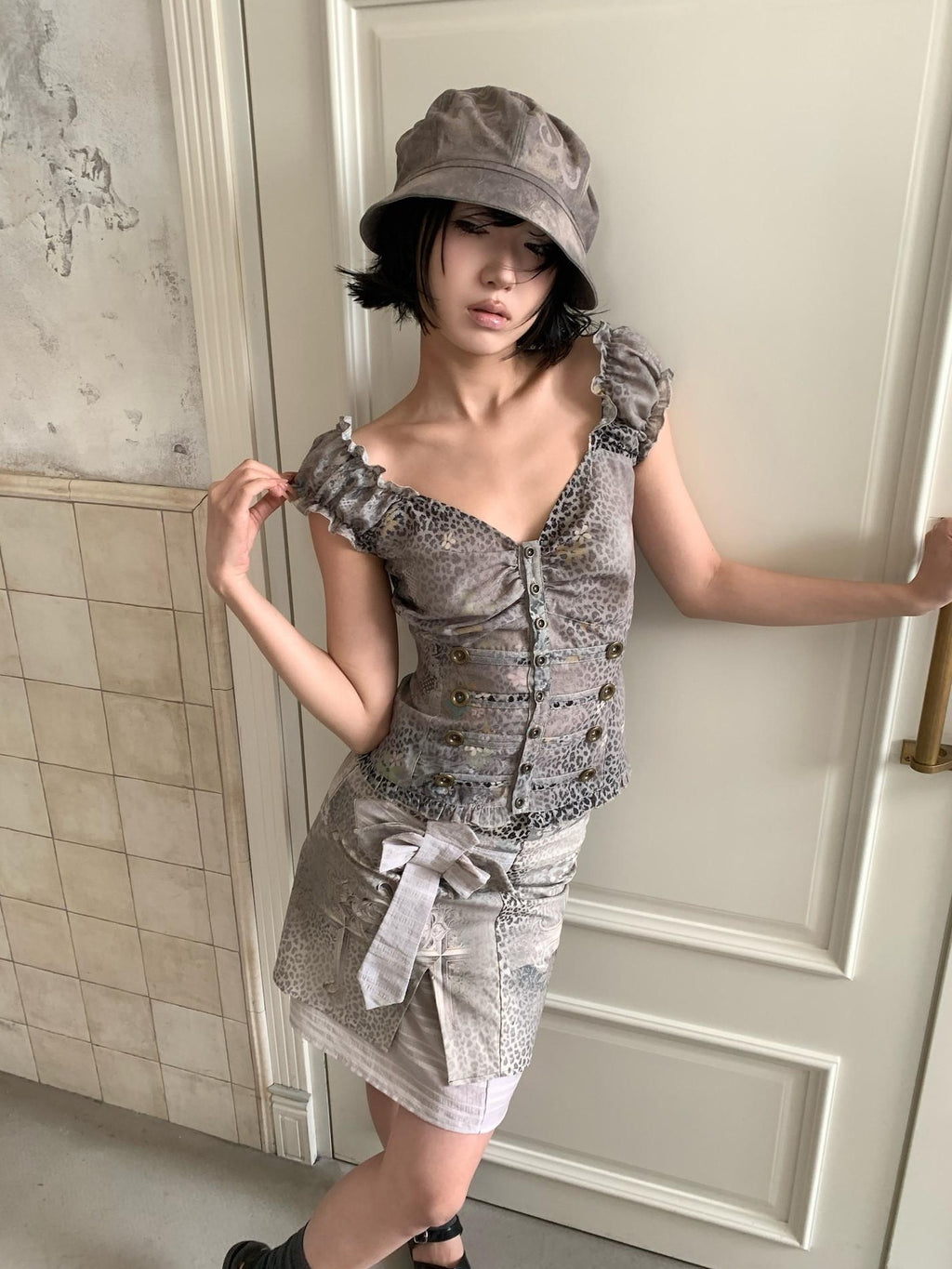 4RE1GN Cross Leopard Print Bow Double Layer A Line Women's Polyester Nylon Midi Skirts