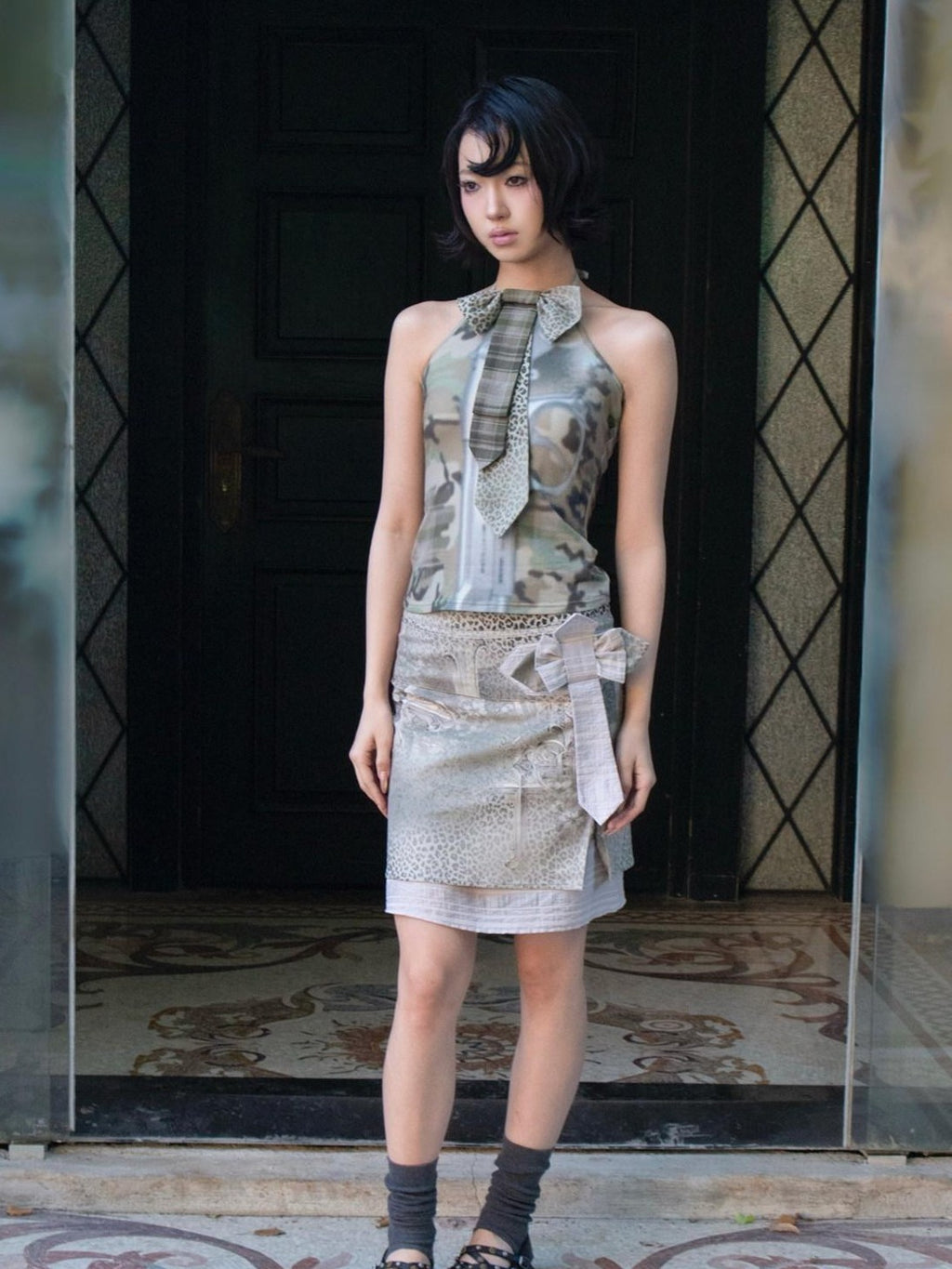 4RE1GN Cross Leopard Print Bow Double Layer A Line Women's Polyester Nylon Midi Skirts