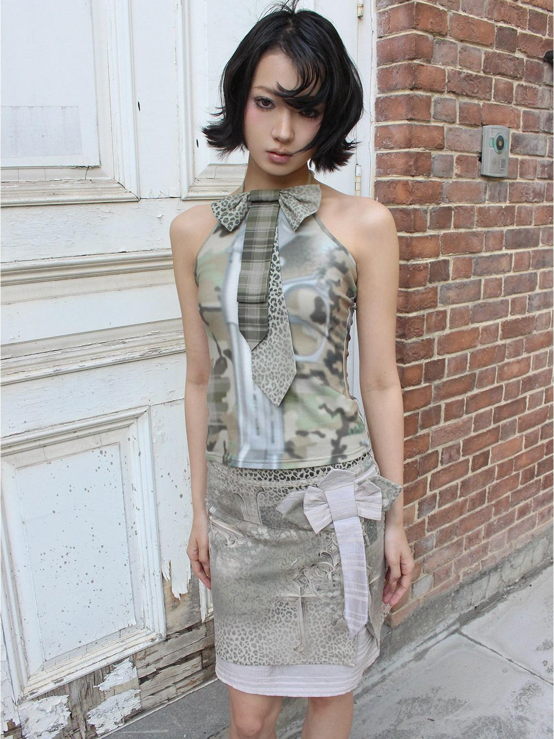 4RE1GN Cross Leopard Print Bow Double Layer A Line Women's Polyester Nylon Midi Skirts