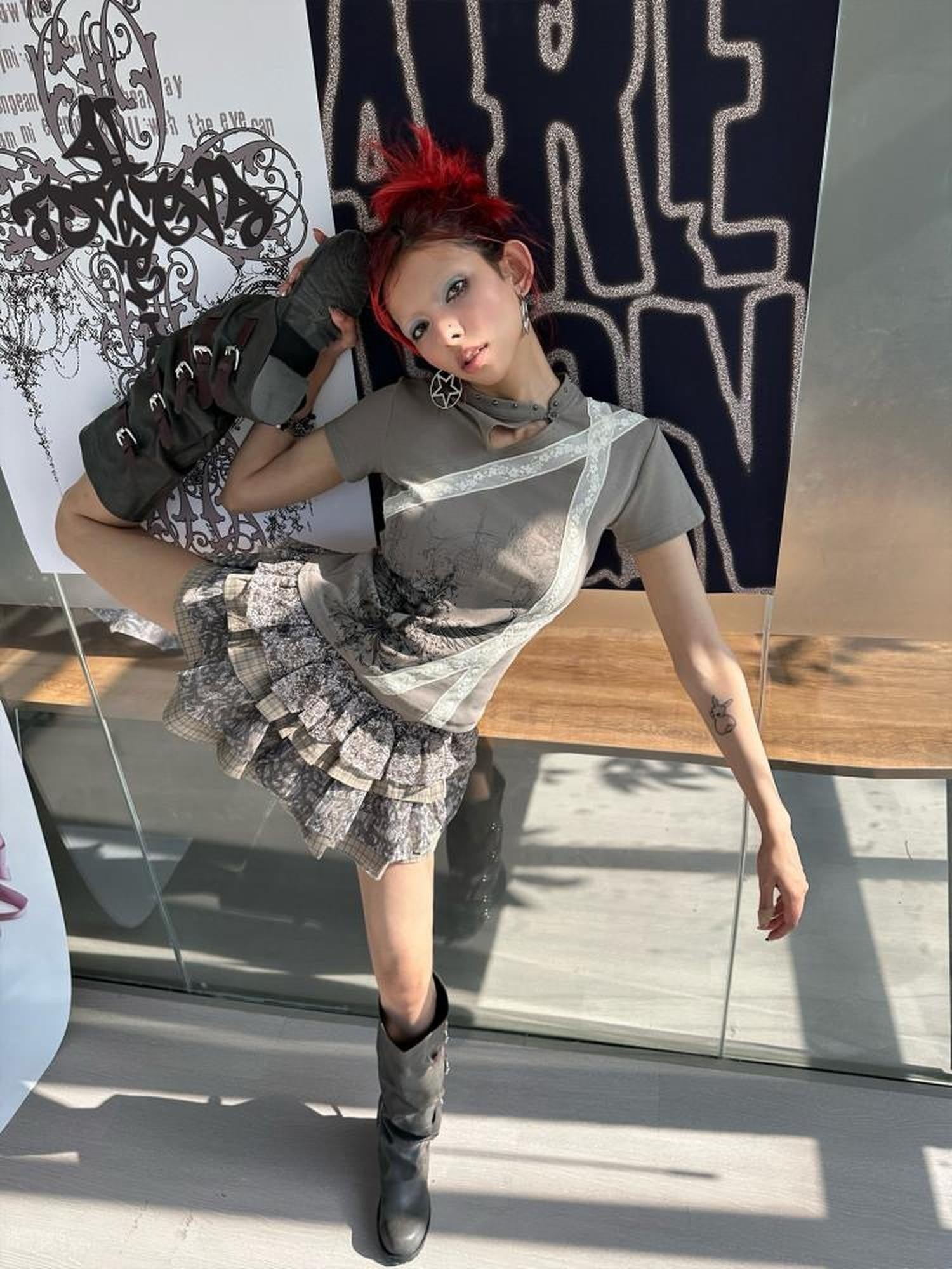 4RE1GN Cross Wing Print Bandage Tie Qipao Collar Women's Cotton Short Sleeve T-shirts