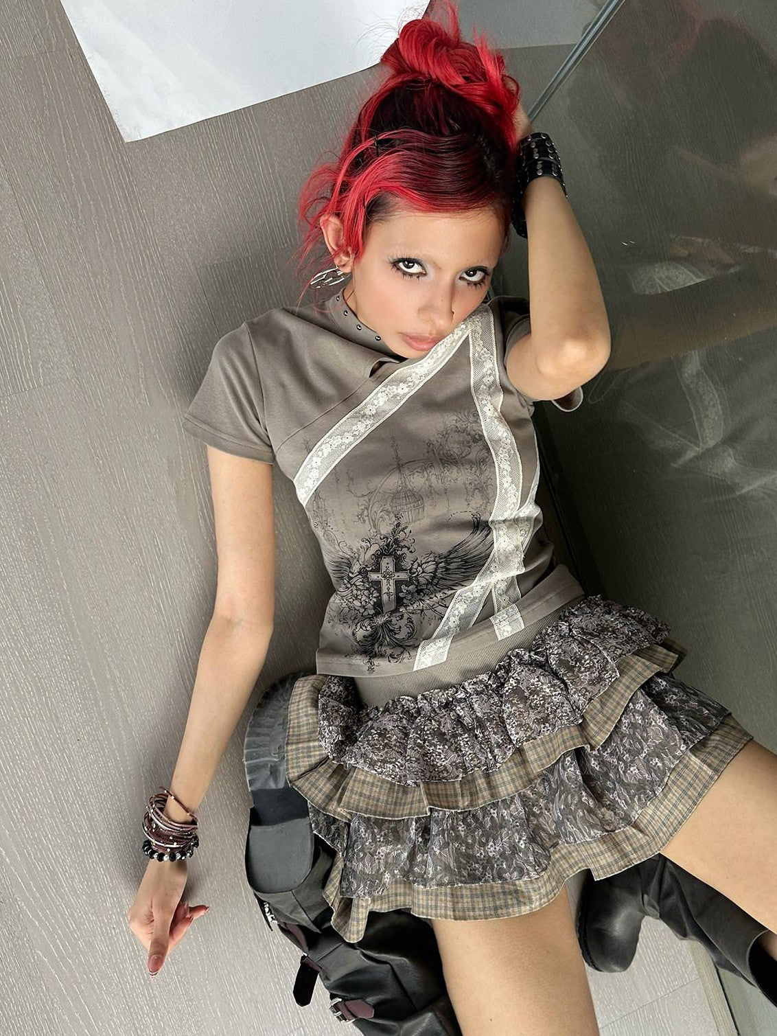 4RE1GN Cross Wing Print Bandage Tie Qipao Collar Women's Cotton Short Sleeve T-shirts