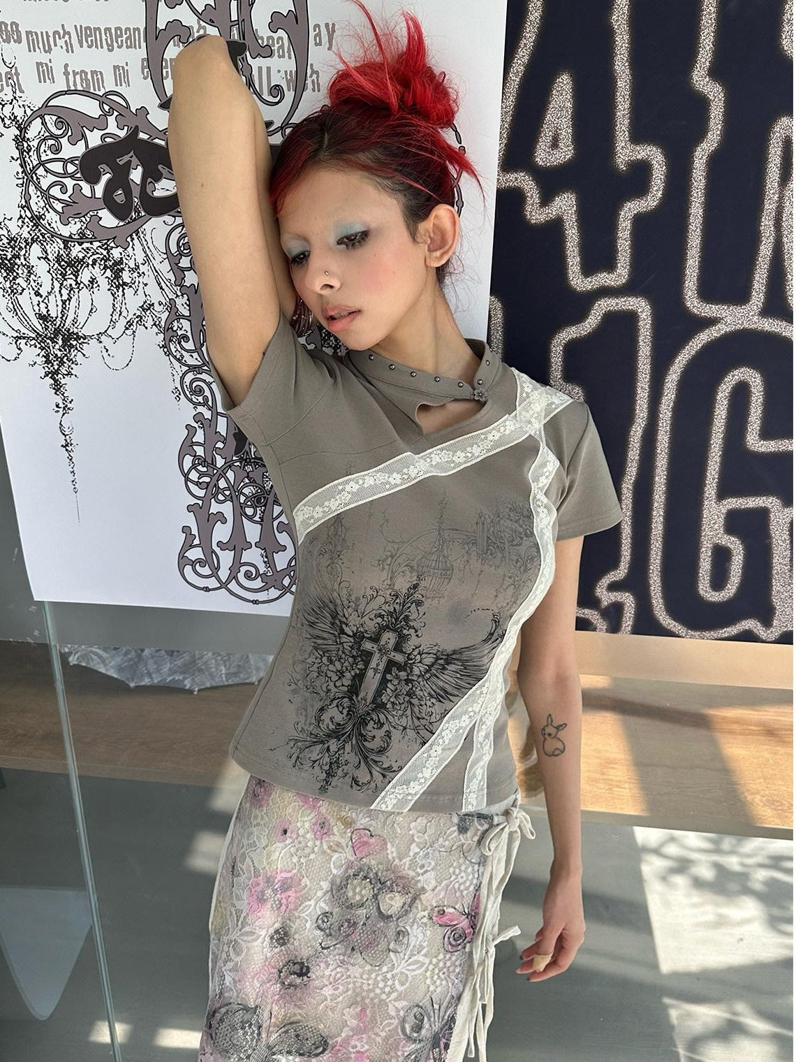4RE1GN Cross Wing Print Bandage Tie Qipao Collar Women's Cotton Short Sleeve T-shirts