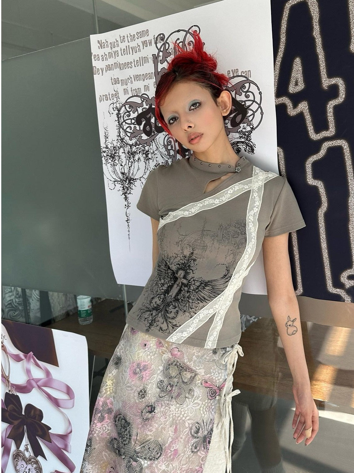4RE1GN Cross Wing Print Bandage Tie Qipao Collar Women's Cotton Short Sleeve T-shirts