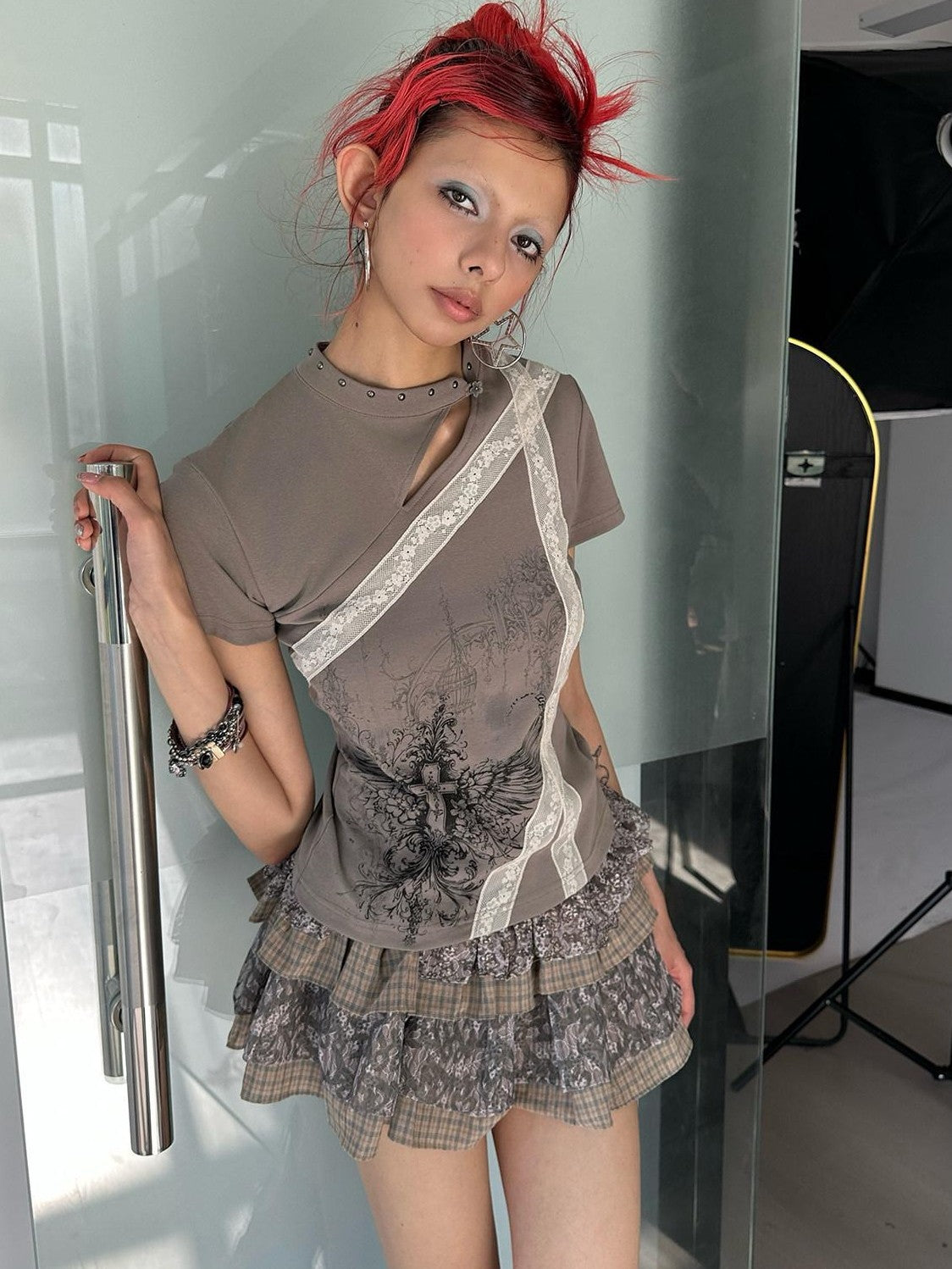 4RE1GN Cross Wing Print Bandage Tie Qipao Collar Women's Cotton Short Sleeve T-shirts