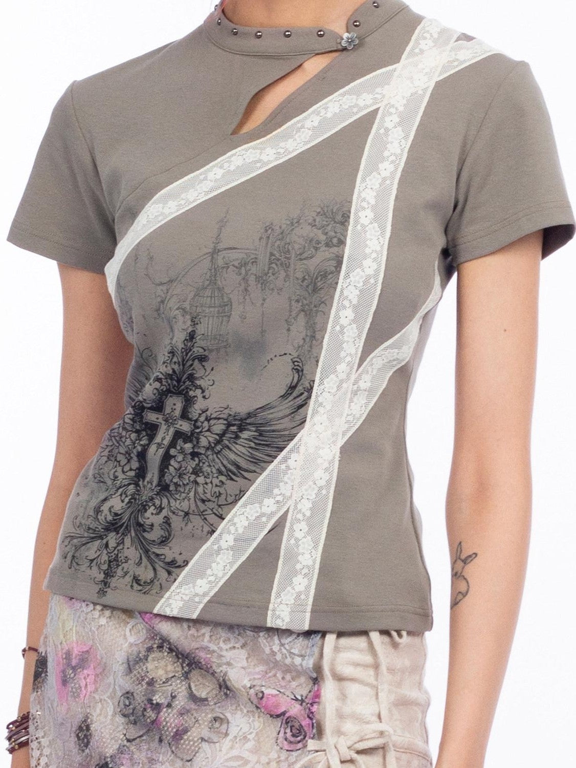 4RE1GN Cross Wing Print Bandage Tie Qipao Collar Women's Cotton Short Sleeve T-shirts