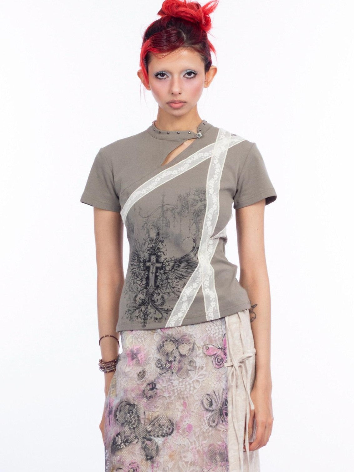 4RE1GN Cross Wing Print Bandage Tie Qipao Collar Women's Cotton Short Sleeve T-shirts