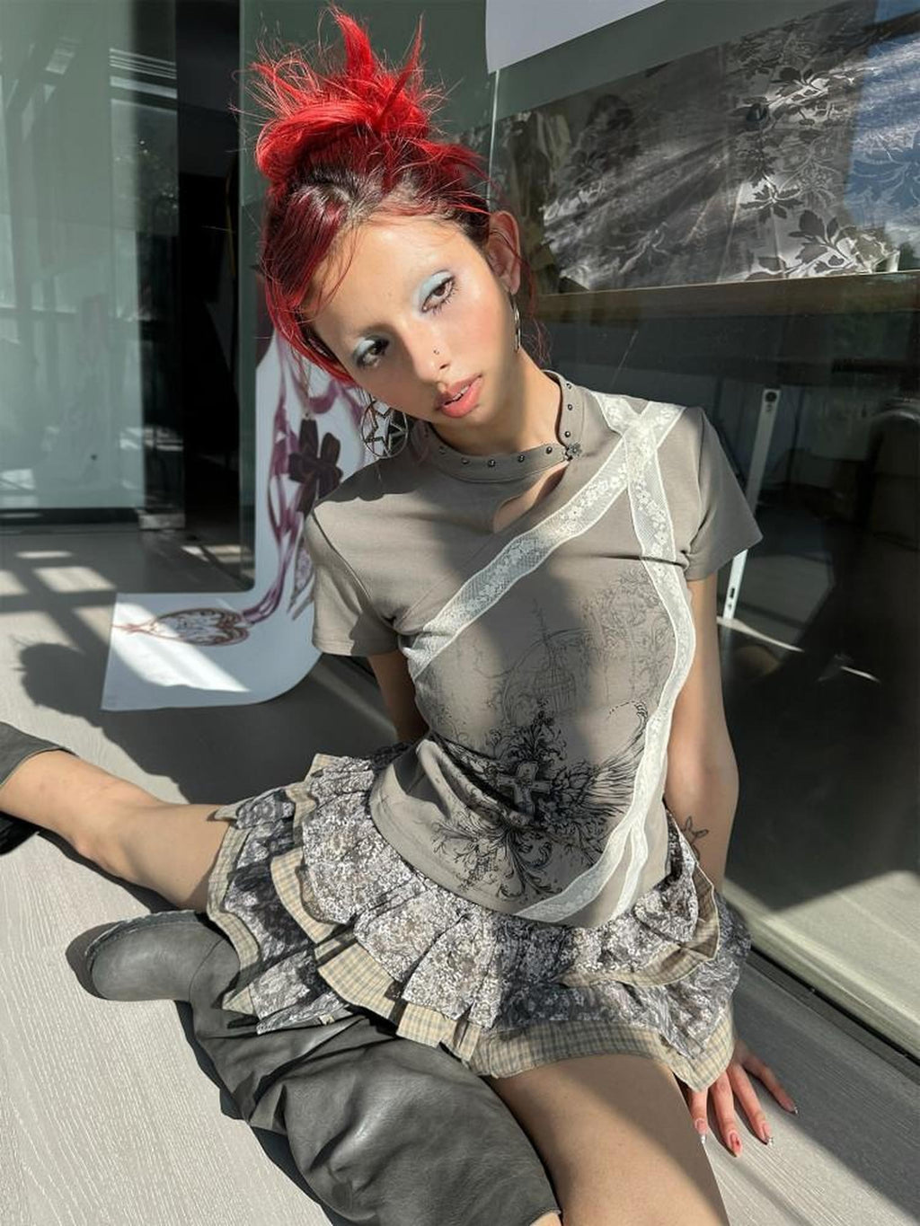 4RE1GN Cross Wing Print Bandage Tie Qipao Collar Women's Cotton Short Sleeve T-shirts