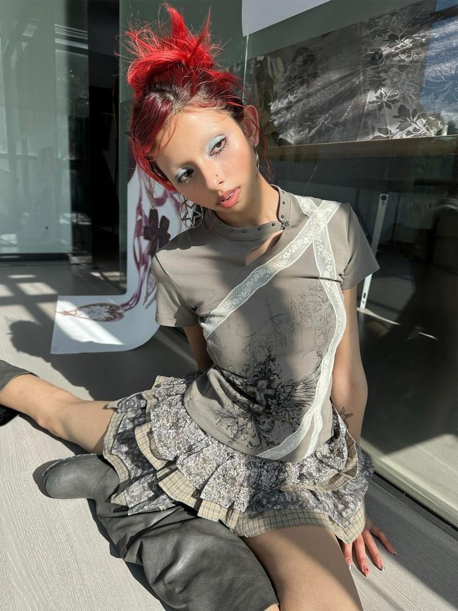 4RE1GN Cross Wing Print Bandage Tie Qipao Collar Women's Cotton Short Sleeve T-shirts