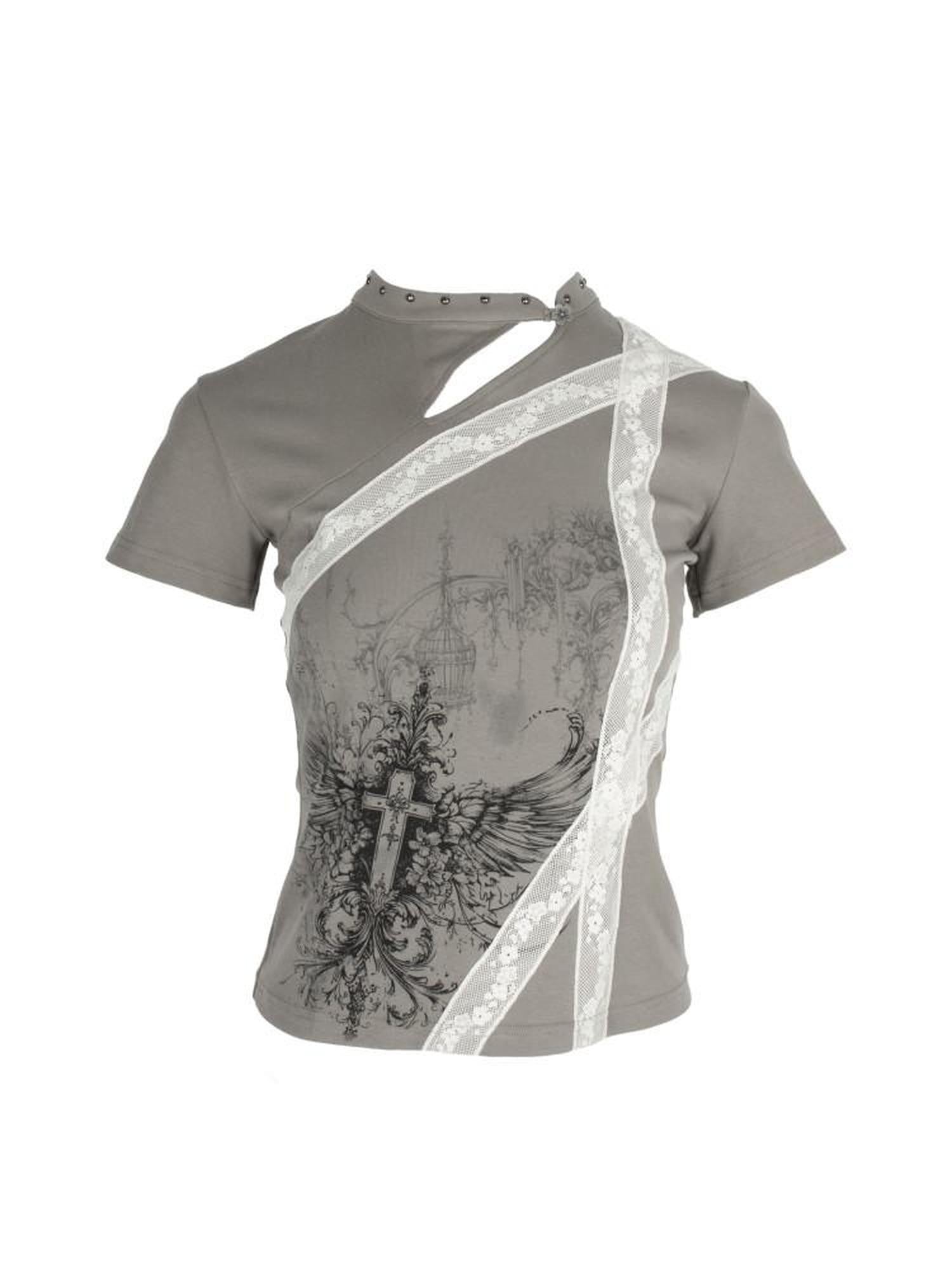 4RE1GN Cross Wing Print Bandage Tie Qipao Collar Women's Cotton Short Sleeve T-shirts