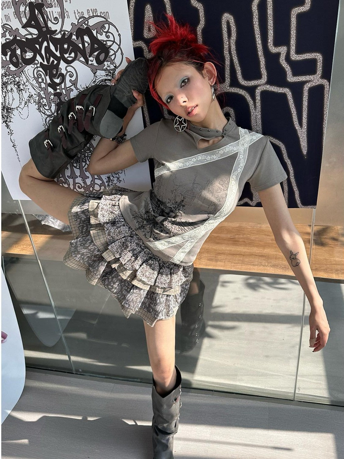 4RE1GN Cross Wing Print Bandage Tie Qipao Collar Women's Cotton Short Sleeve T-shirts