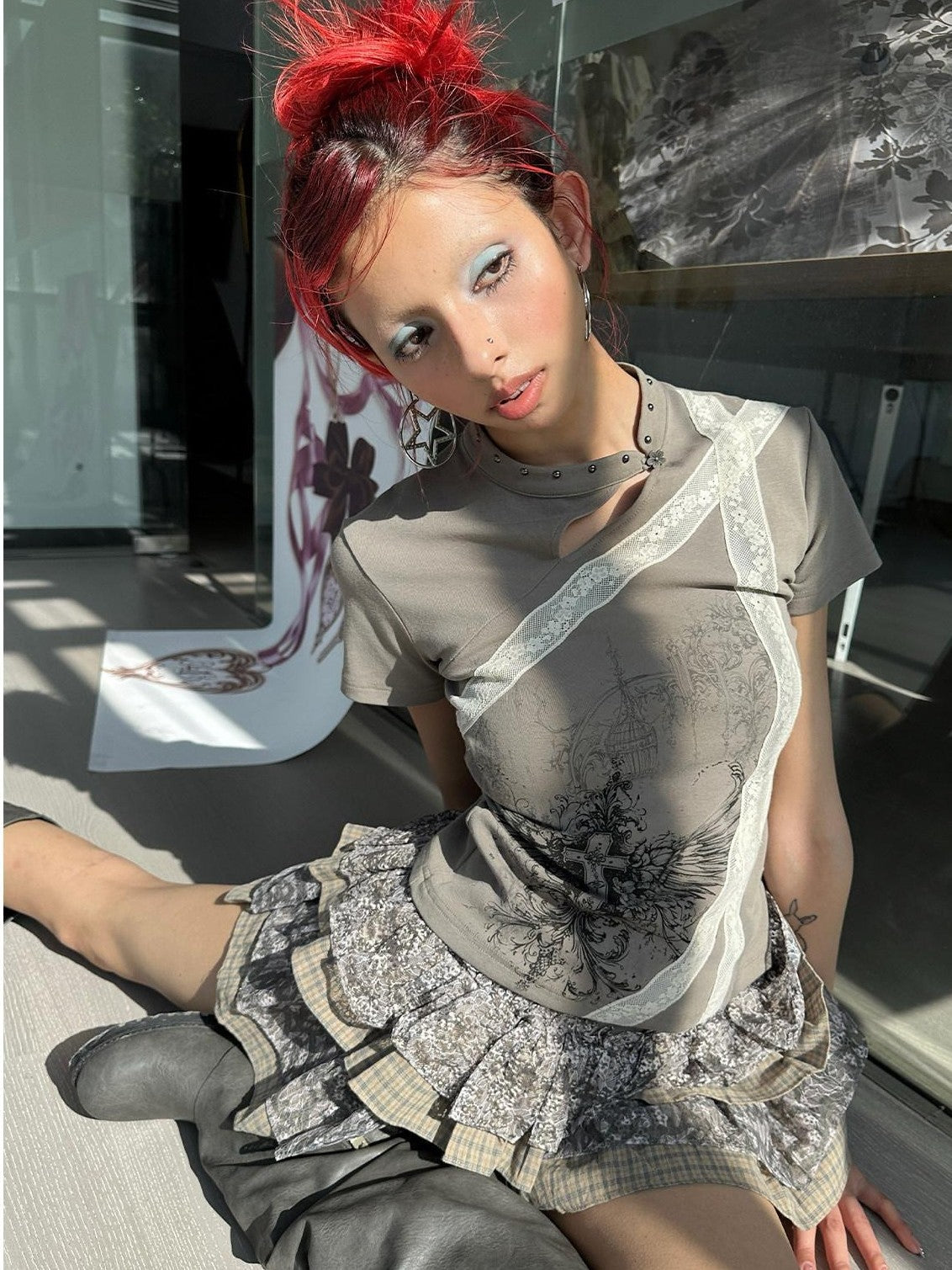 4RE1GN Cross Wing Print Bandage Tie Qipao Collar Women's Cotton Short Sleeve T-shirts