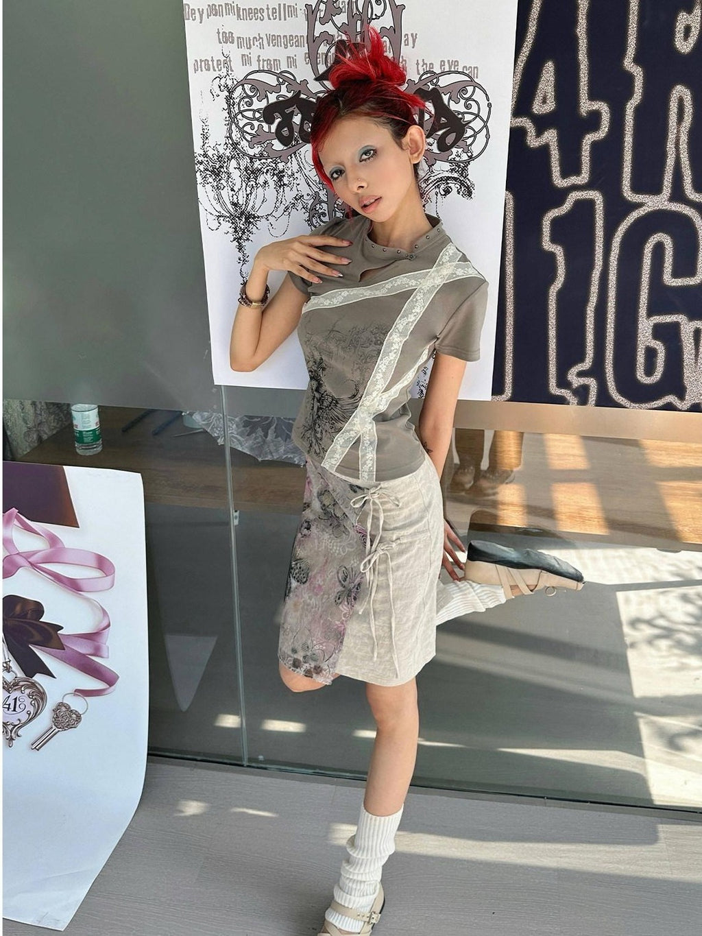 4RE1GN Cross Wing Print Bandage Tie Qipao Collar Women's Cotton Short Sleeve T-shirts