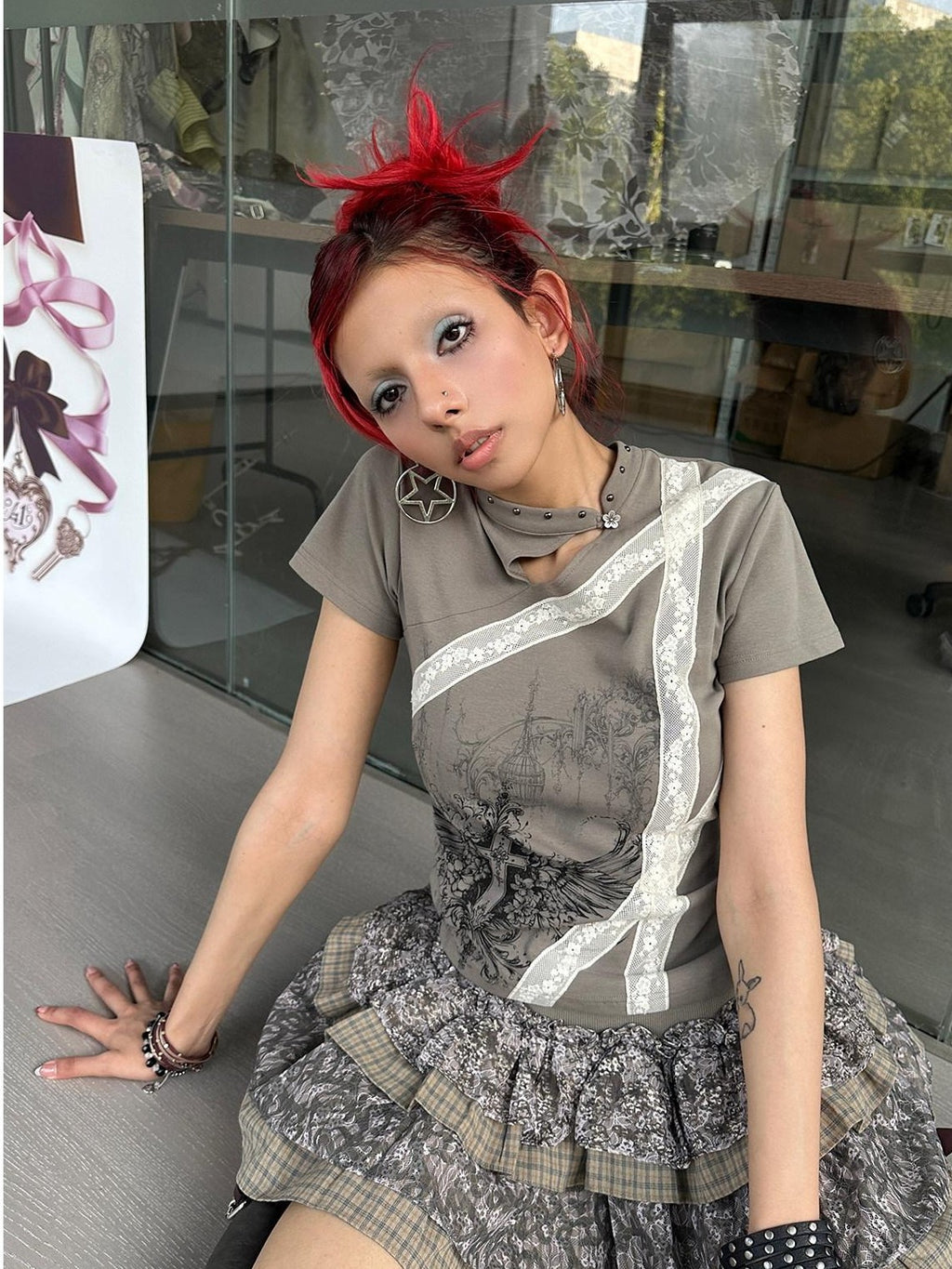 4RE1GN Cross Wing Print Bandage Tie Qipao Collar Women's Cotton Short Sleeve T-shirts
