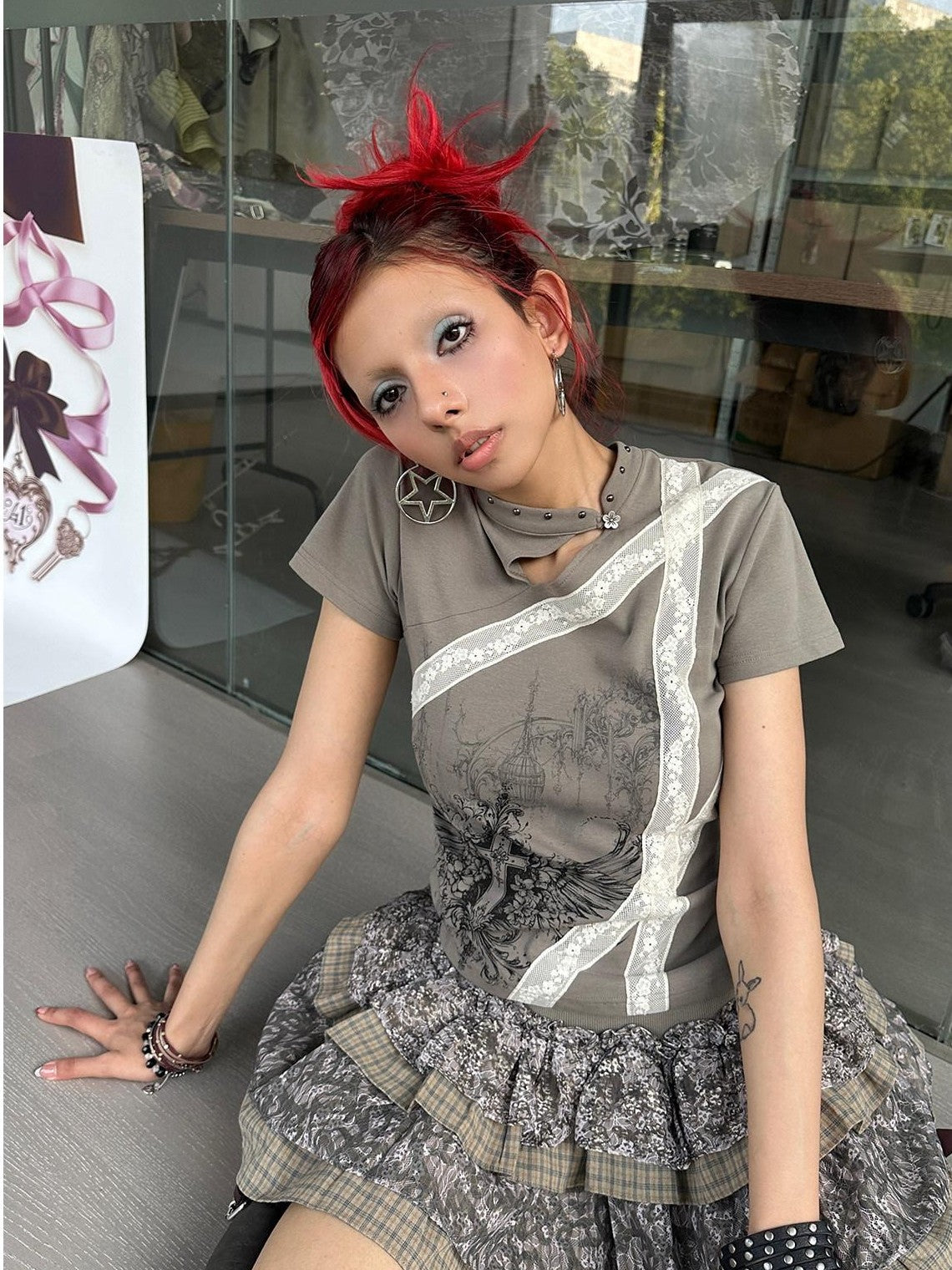 4RE1GN Cross Wing Print Bandage Tie Qipao Collar Women's Cotton Short Sleeve T-shirts