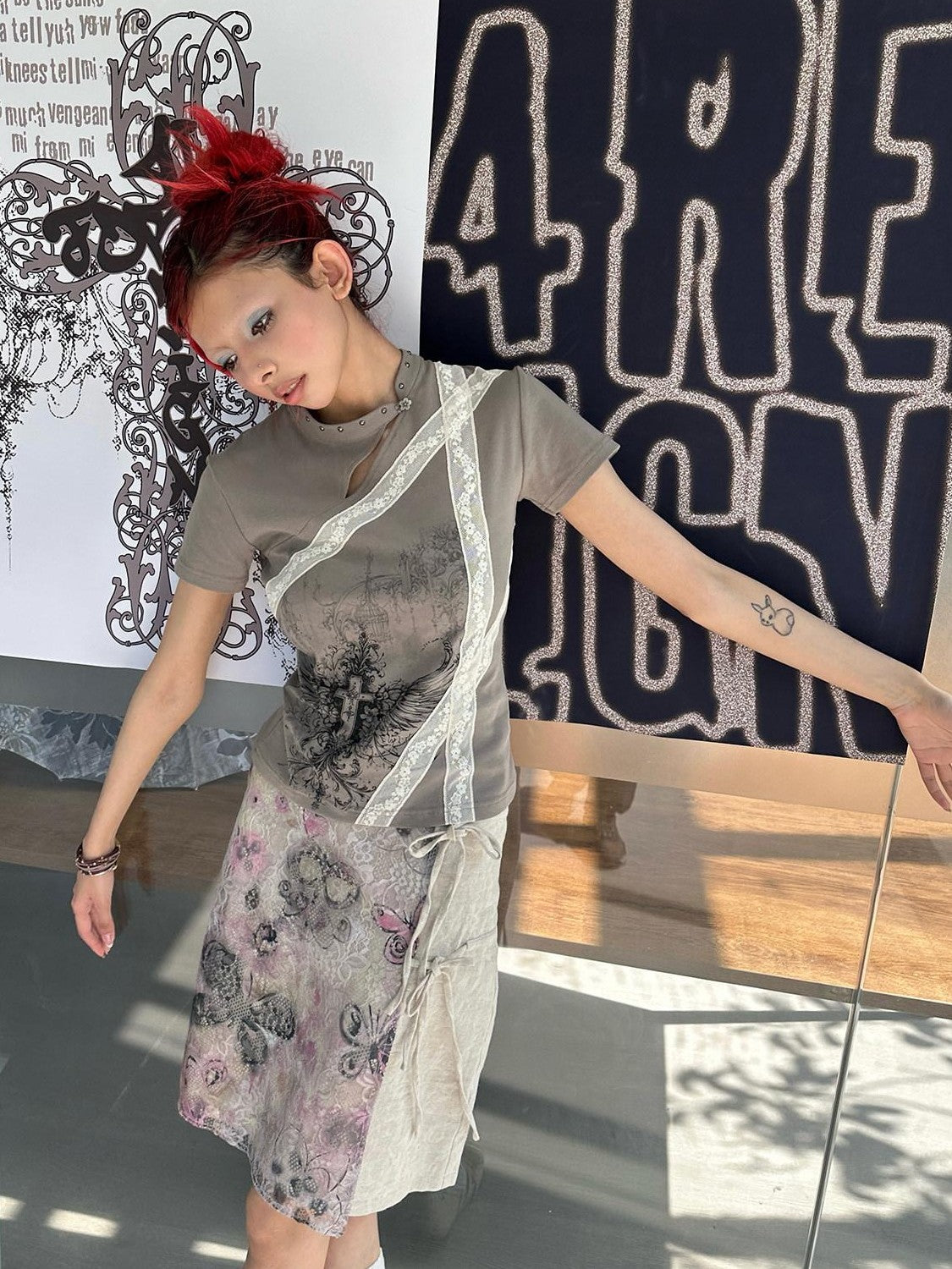 4RE1GN Cross Wing Print Bandage Tie Qipao Collar Women's Cotton Short Sleeve T-shirts