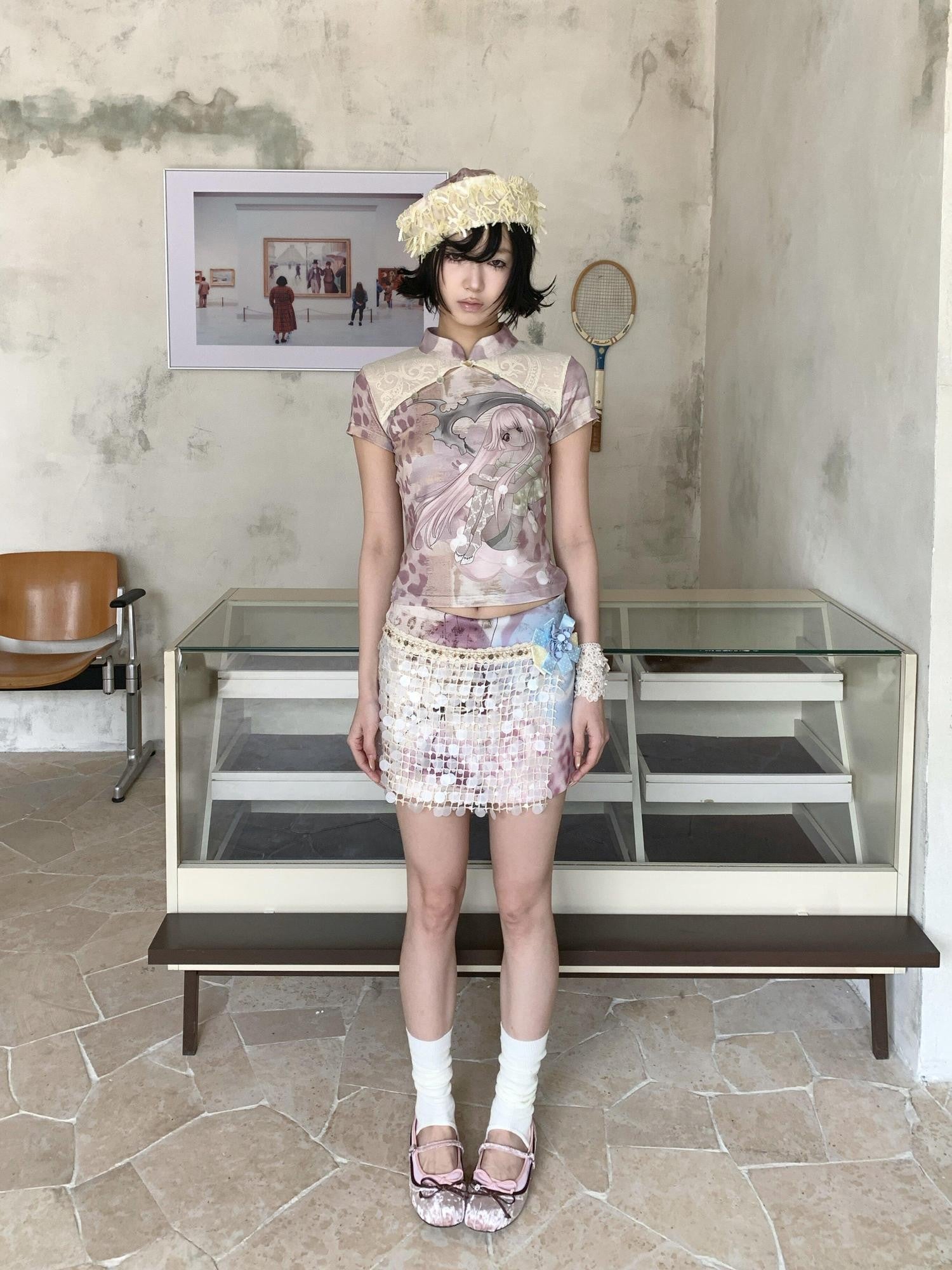 4RE1GN Dreamy Floral Sequin Tape Woven Women's Polyester Spandex Mini Skirts