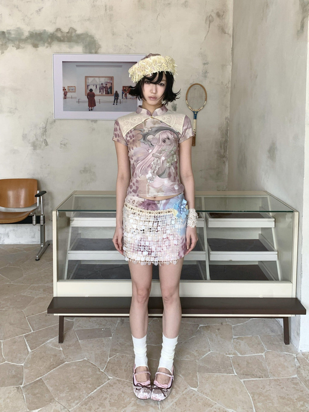 4RE1GN Dreamy Floral Sequin Tape Woven Women's Polyester Spandex Mini Skirts