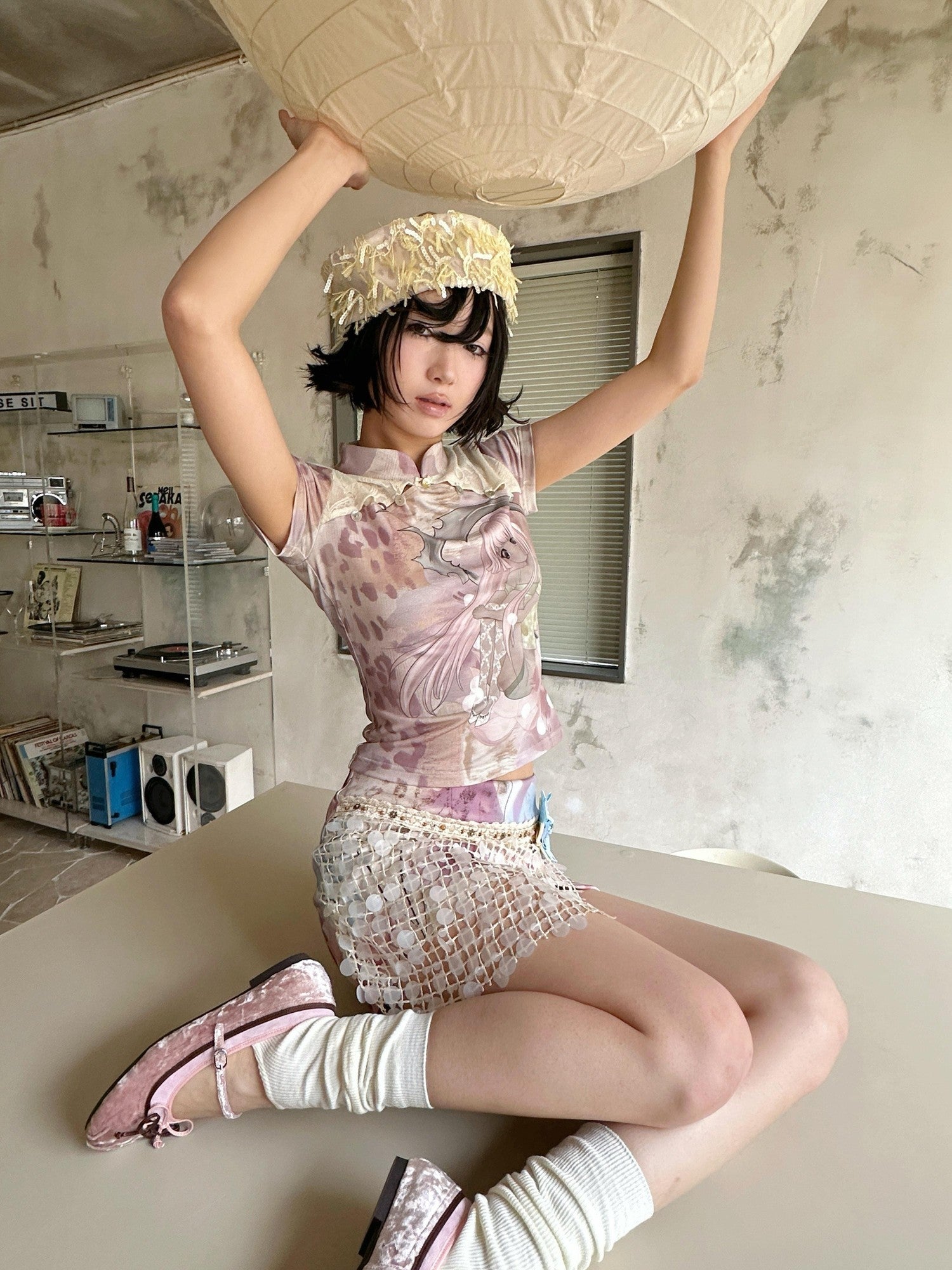 4RE1GN Dreamy Floral Sequin Tape Woven Women's Polyester Spandex Mini Skirts