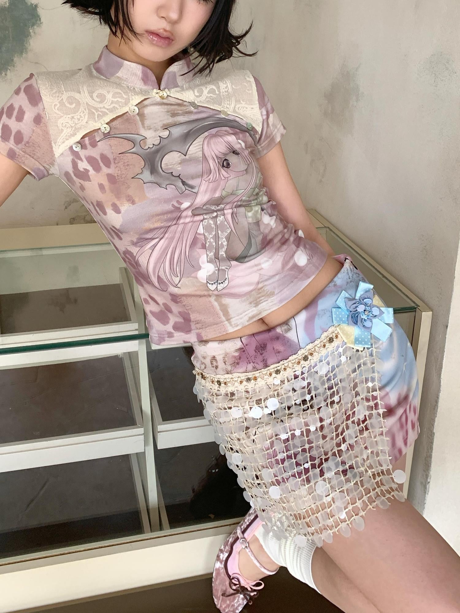 4RE1GN Dreamy Floral Sequin Tape Woven Women's Polyester Spandex Mini Skirts