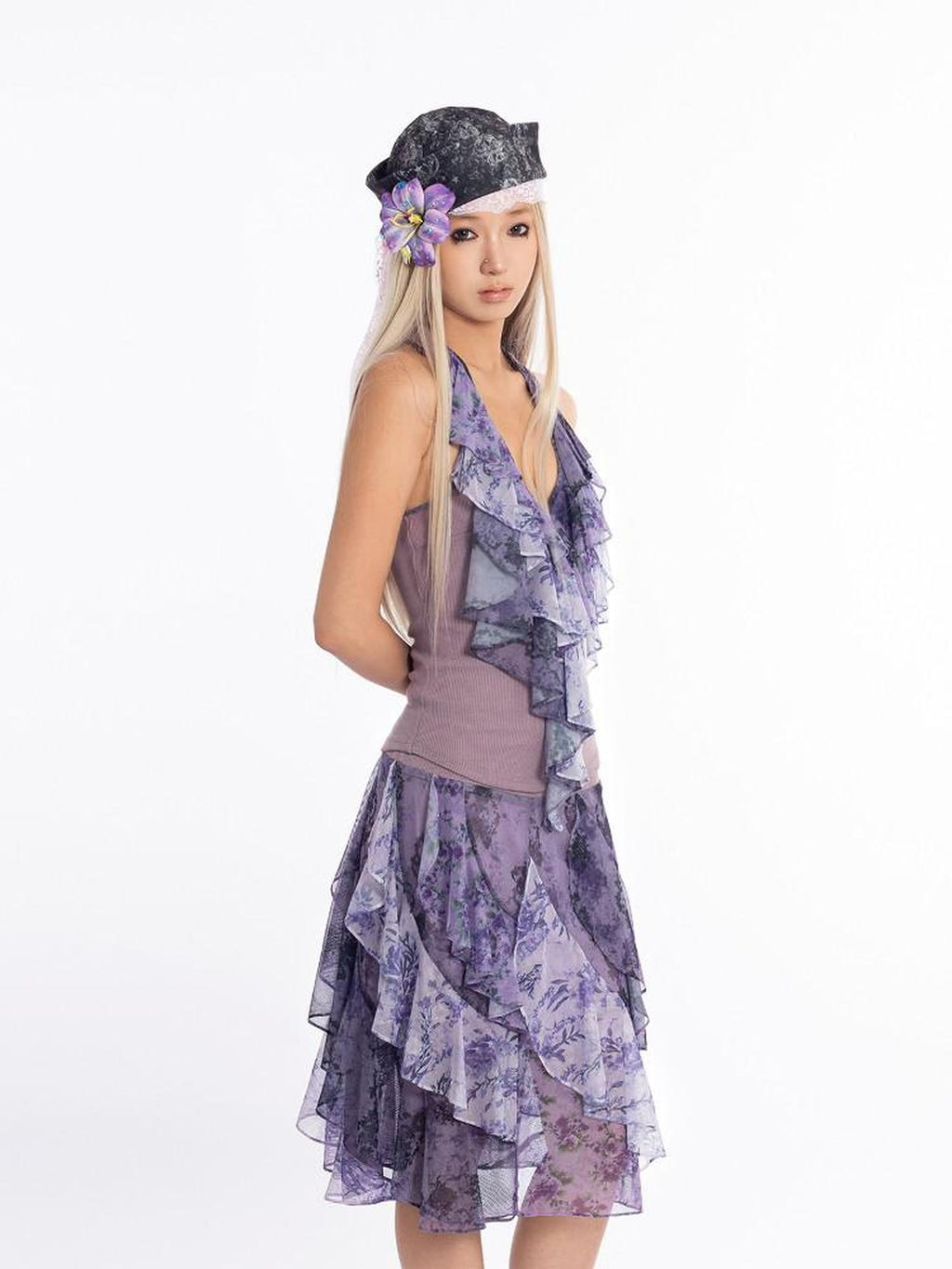 4RE1GN Dreamy Purple Asymmetrical Ruffle Hem Floral Print Women's Polyester Midi Skirts