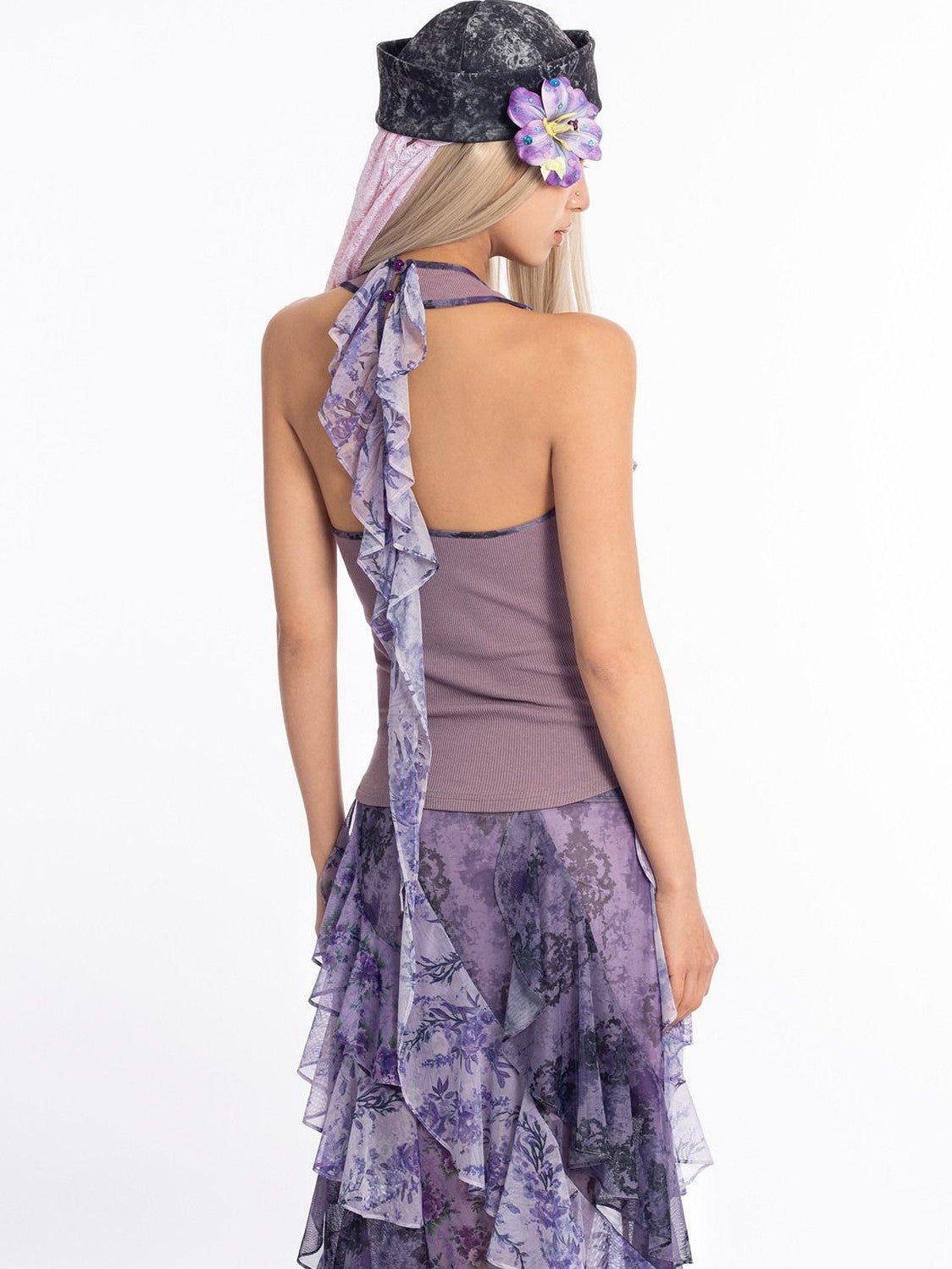 4RE1GN Dreamy Purple Asymmetrical Ruffle Hem Floral Print Women's Polyester Midi Skirts