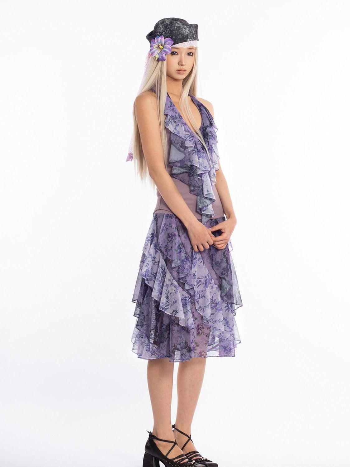 4RE1GN Dreamy Purple Asymmetrical Ruffle Hem Floral Print Women's Polyester Midi Skirts