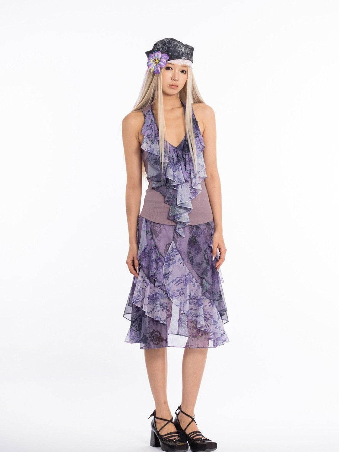 4RE1GN Dreamy Purple Asymmetrical Ruffle Hem Floral Print Women's Polyester Midi Skirts