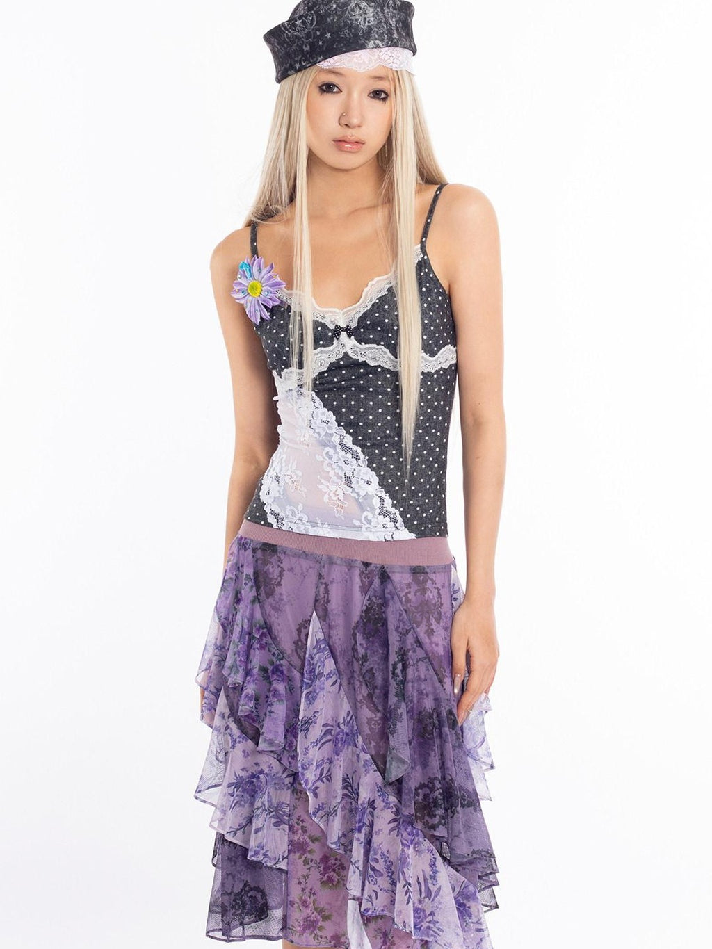 4RE1GN Dreamy Purple Asymmetrical Ruffle Hem Floral Print Women's Polyester Midi Skirts