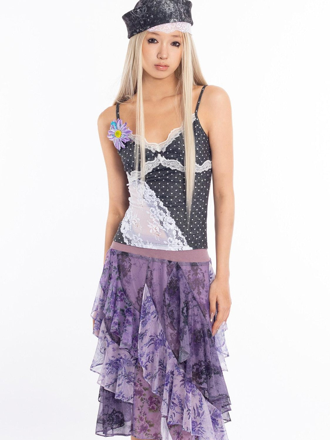 4RE1GN Dreamy Purple Asymmetrical Ruffle Hem Floral Print Women's Polyester Midi Skirts