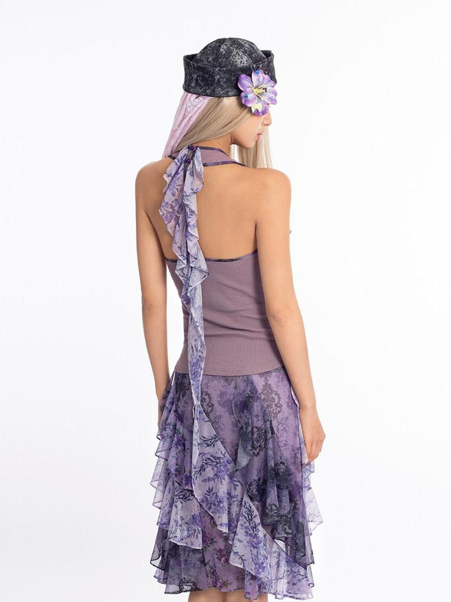 4RE1GN Dreamy Purple Asymmetrical Ruffle Hem Floral Print Women's Polyester Midi Skirts