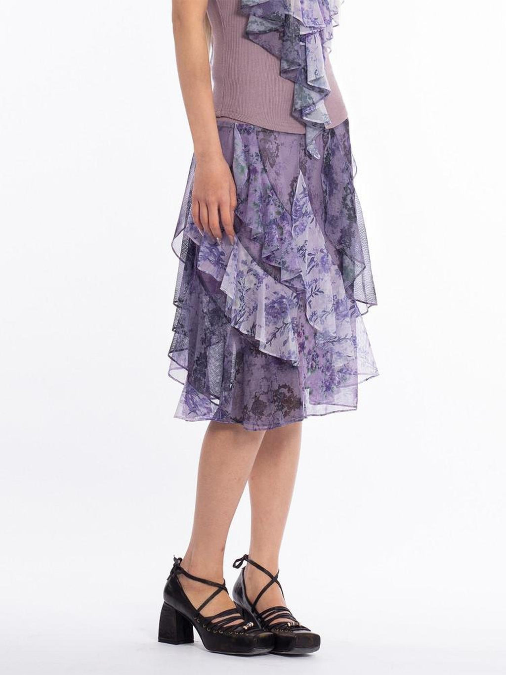 4RE1GN Dreamy Purple Asymmetrical Ruffle Hem Floral Print Women's Polyester Midi Skirts