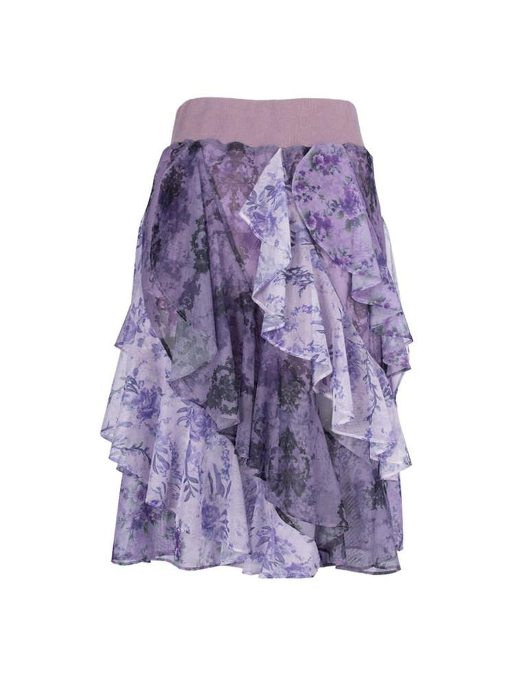 4RE1GN Dreamy Purple Asymmetrical Ruffle Hem Floral Print Women's Polyester Midi Skirts