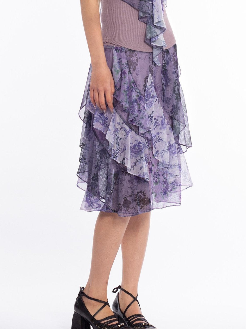 4RE1GN Dreamy Purple Asymmetrical Ruffle Hem Floral Print Women's Polyester Midi Skirts