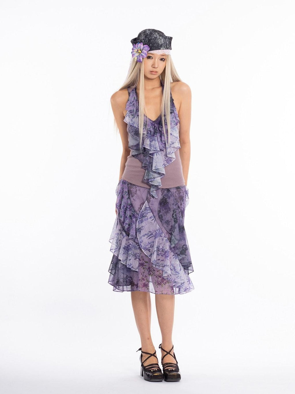 4RE1GN Dreamy Purple Asymmetrical Ruffle Hem Floral Print Women's Polyester Midi Skirts