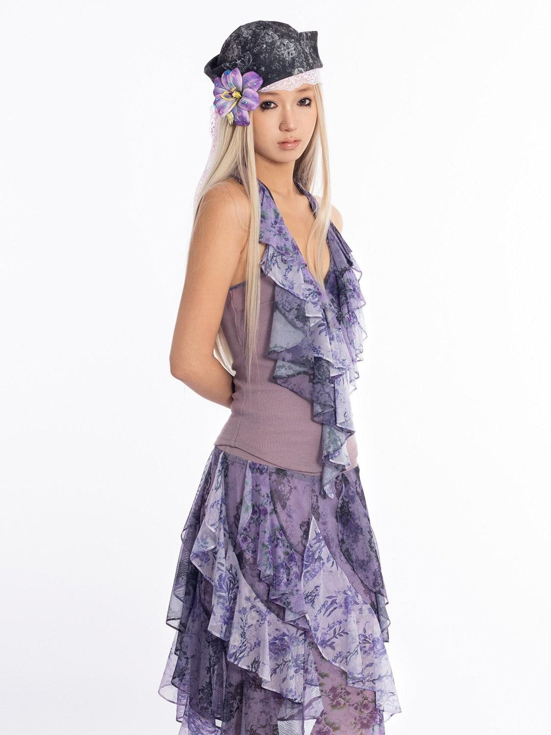 4RE1GN Dreamy Purple Asymmetrical Ruffle Hem Floral Print Women's Polyester Midi Skirts