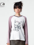4RE1GN Emodonkey Print Contrast Colorblock Patchwork Women's Long Sleeve T-shirts