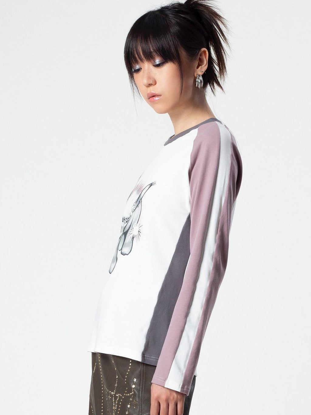 4RE1GN Emodonkey Print Contrast Colorblock Patchwork Women's Long Sleeve T-shirts