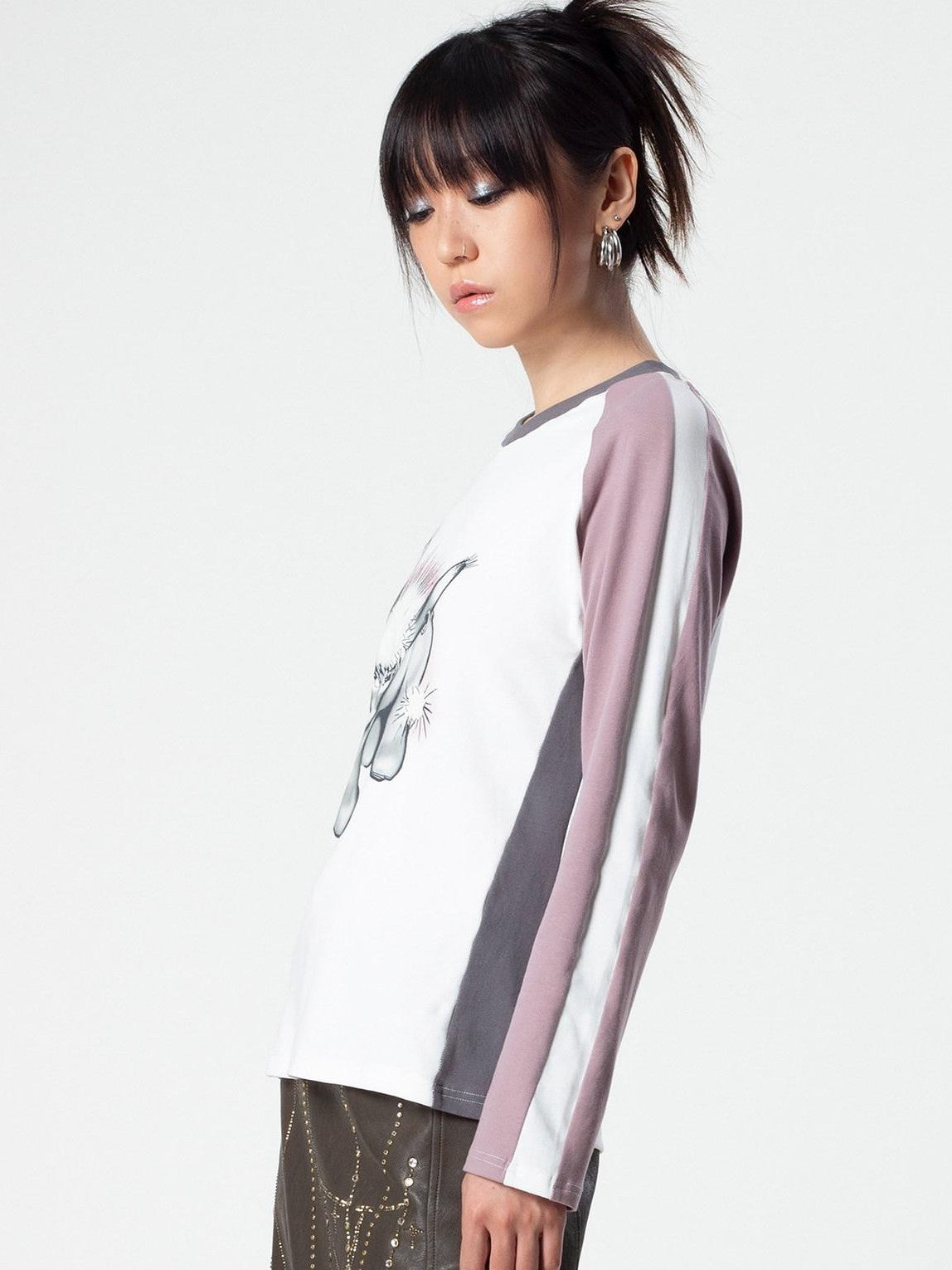 4RE1GN Emodonkey Print Contrast Colorblock Patchwork Women's Long Sleeve T-shirts