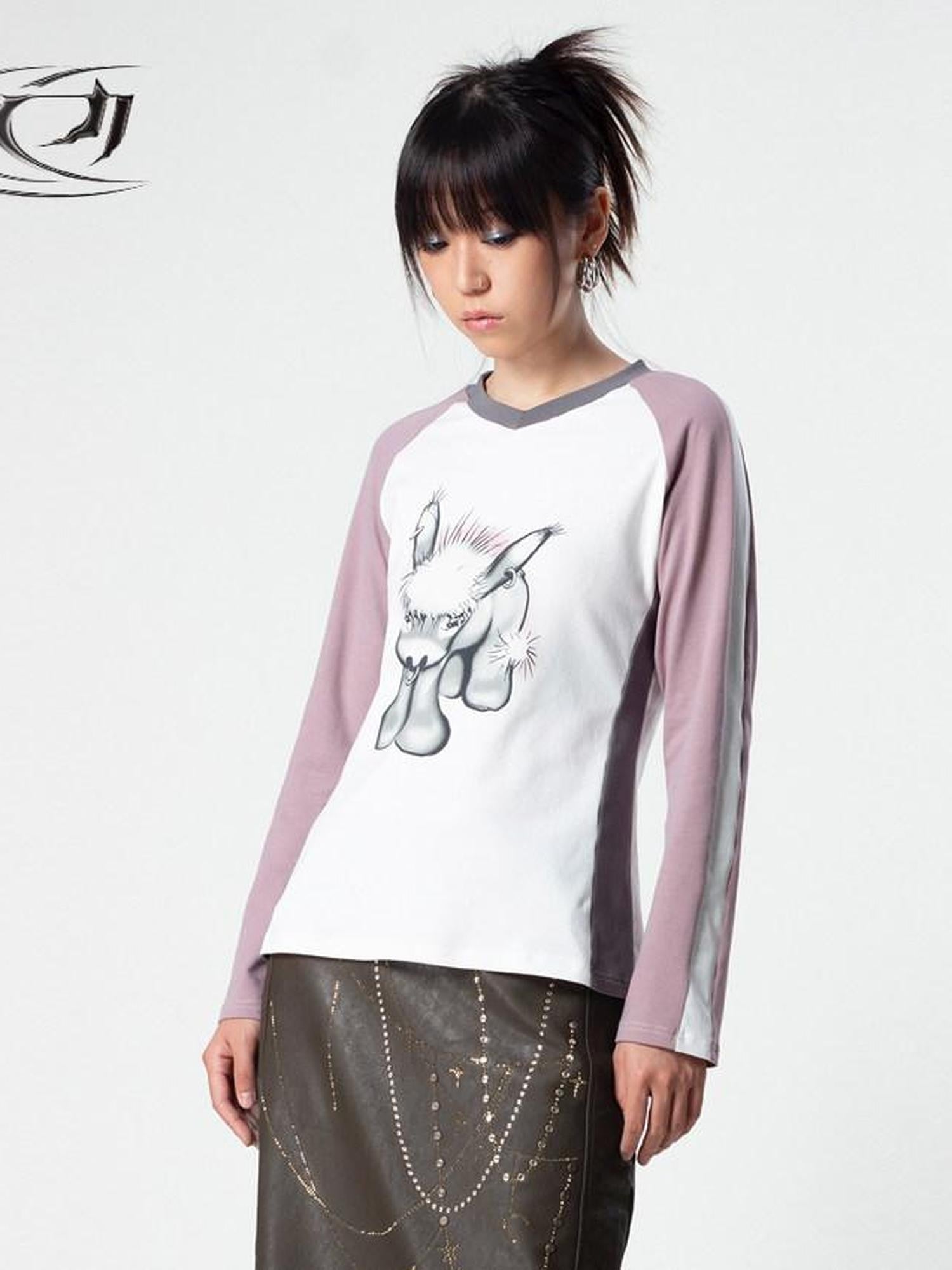 4RE1GN Emodonkey Print Contrast Colorblock Patchwork Women's Long Sleeve T-shirts