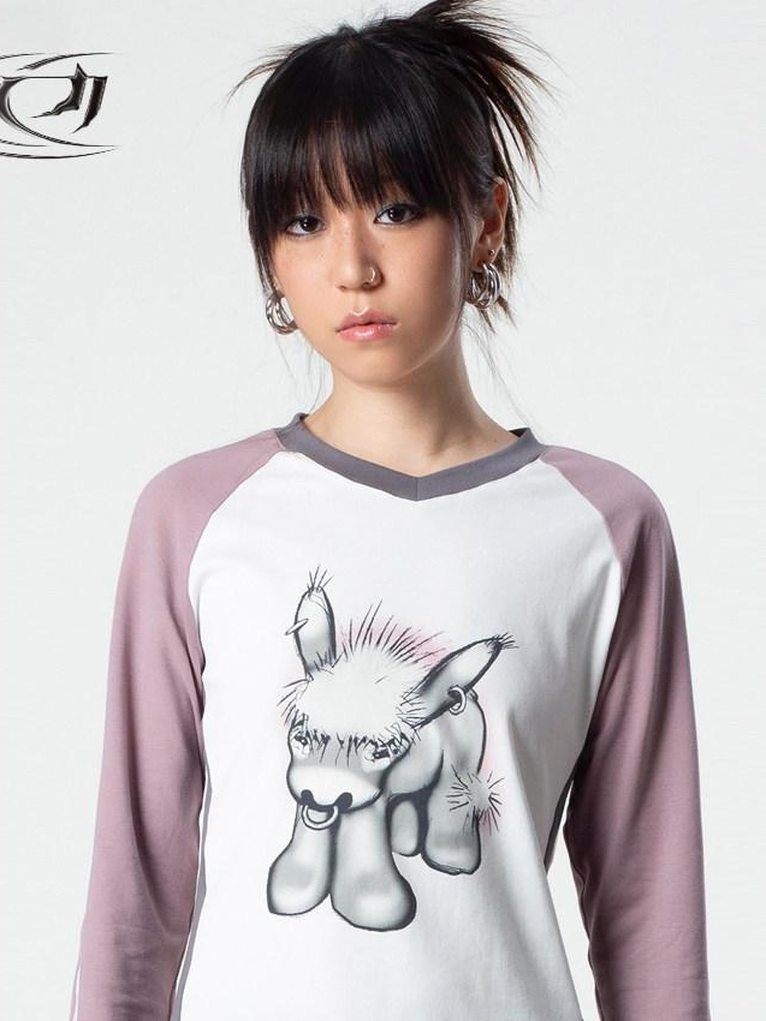 4RE1GN Emodonkey Print Contrast Colorblock Patchwork Women's Long Sleeve T-shirts