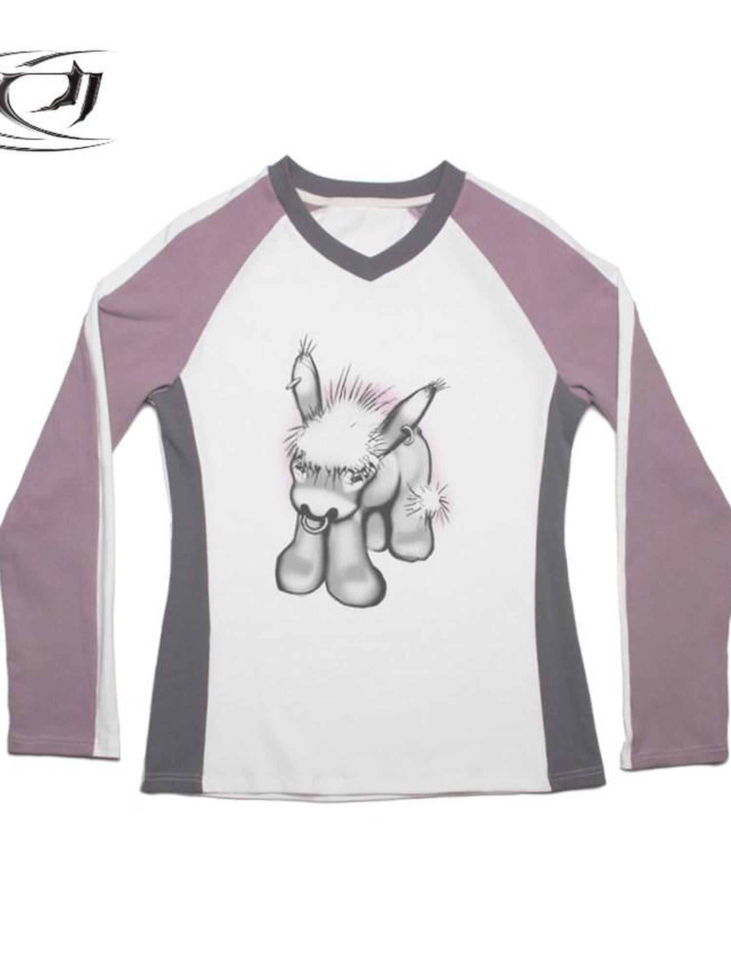 4RE1GN Emodonkey Print Contrast Colorblock Patchwork Women's Long Sleeve T-shirts