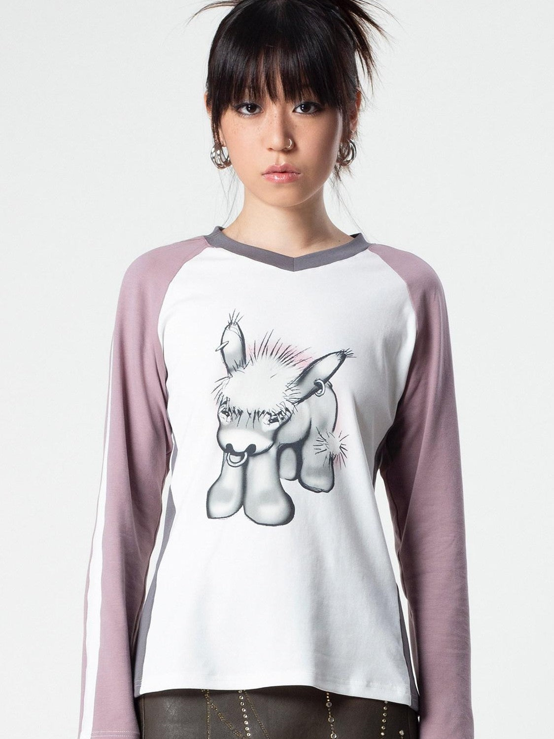 4RE1GN Emodonkey Print Contrast Colorblock Patchwork Women's Long Sleeve T-shirts