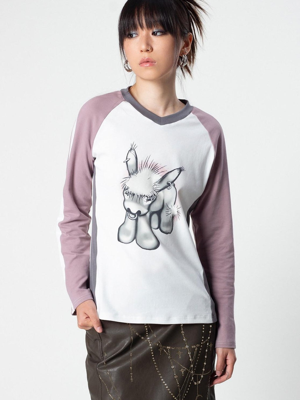 4RE1GN Emodonkey Print Contrast Colorblock Patchwork Women's Long Sleeve T-shirts