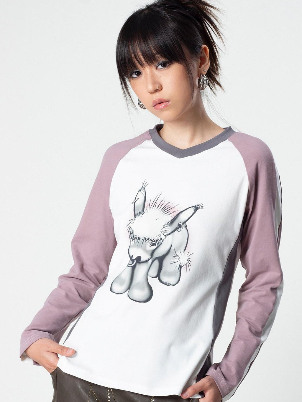 4RE1GN Emodonkey Print Contrast Colorblock Patchwork Women's Long Sleeve T-shirts
