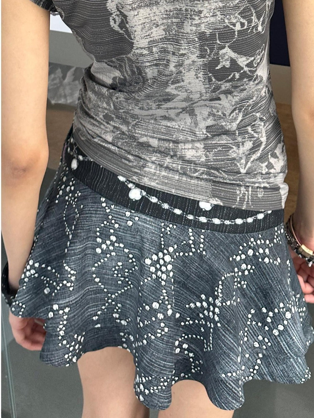 4RE1GN Faux Denim Rhinestone Pearl Lace A Line High Waist Women's Polyester Mini Skirts
