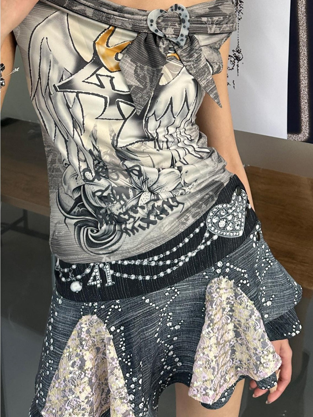 4RE1GN Faux Denim Rhinestone Pearl Lace A Line High Waist Women's Polyester Mini Skirts